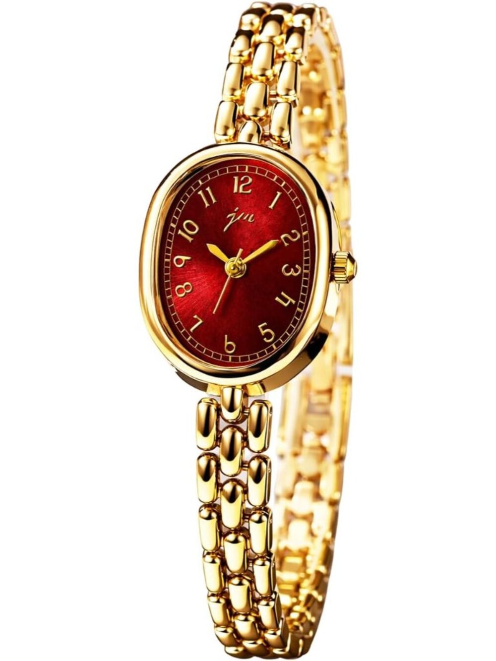 Women’s Gold Red Oval Bracelet Small Face Roman Numeral Quartz Buckle Watch